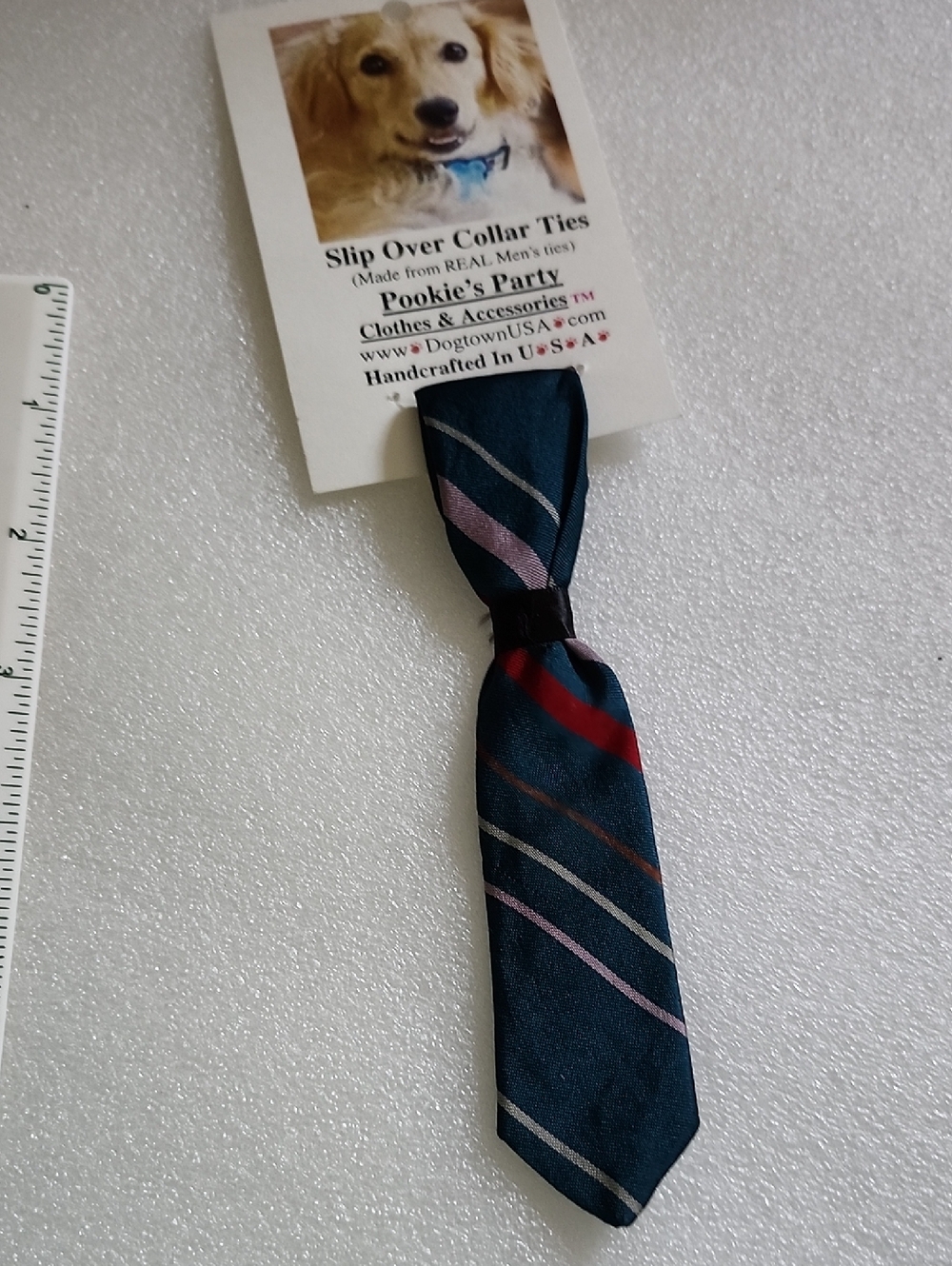 Hand Crafted Dog Slip-On Tie in Teal with Red and Pink Stripes